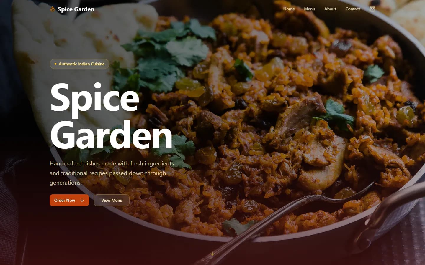 Spice Garden website - modern Indian restaurant site with interactive menu and warm colour palette